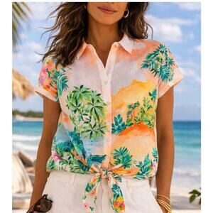 Talbots Hawaiian Tropical Shirt Size XS Linen Bld Button Up Tie Hem Floral Beach